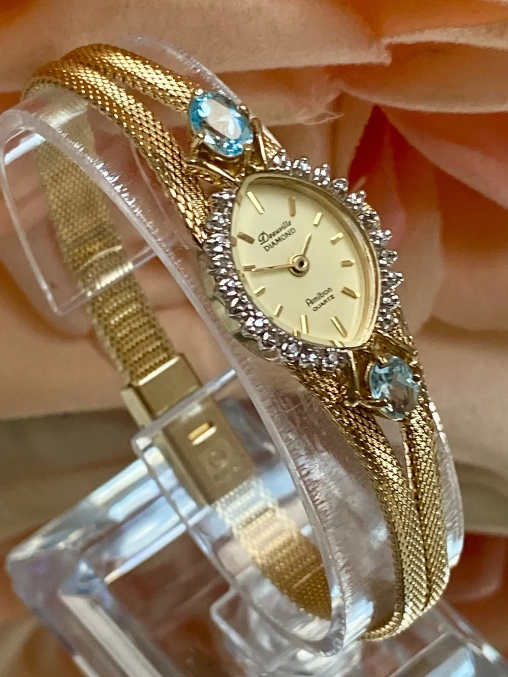 Vintage Deauville Diamond & Blue Topaz Accented Bezel Dainty Cocktail Watch